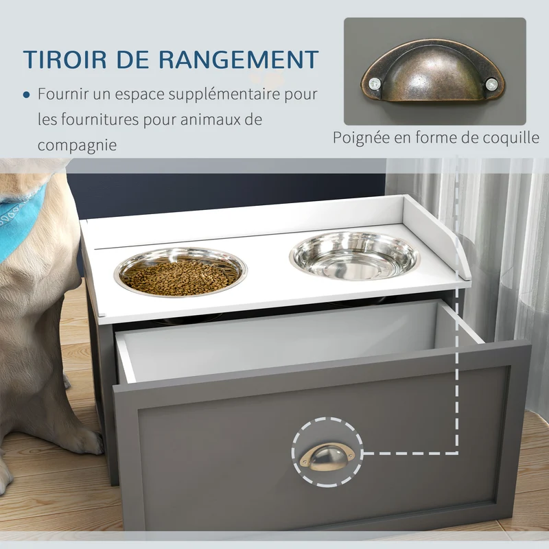 Porte-gamelles surélevé pour chien et chat 60 x 30 x 36 cm améliore posture digestion tiroir épuré moderne en MDF blanc 21_0007541
