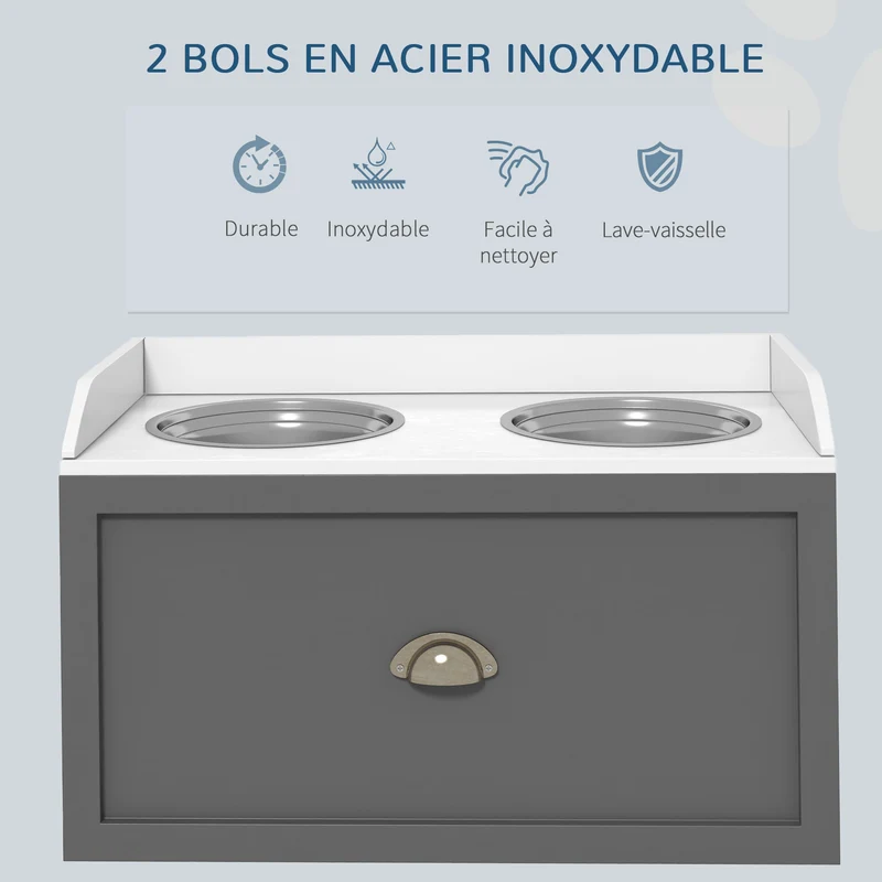 Porte-gamelles surélevé pour chien et chat 60 x 30 x 36 cm améliore posture digestion tiroir épuré moderne en MDF blanc 21_0007541