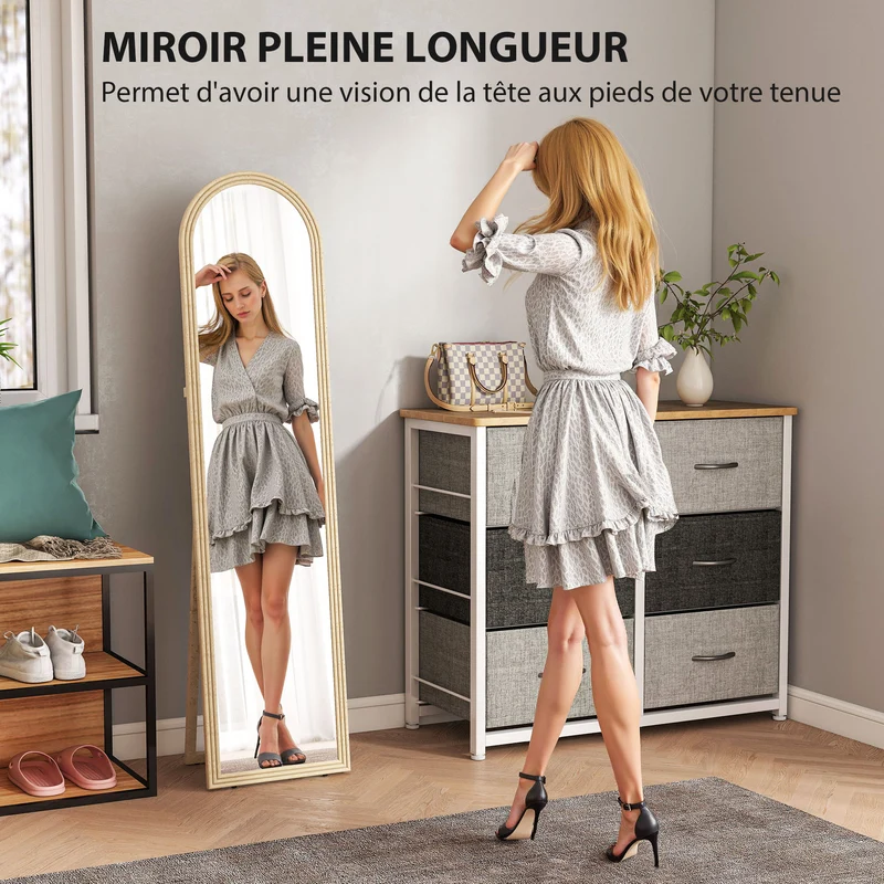 Miroir de sol arqué pleine longueur salon 40 x 160 cm film de sécurité montage mural contemporain en verre trempé beige 21_0003751