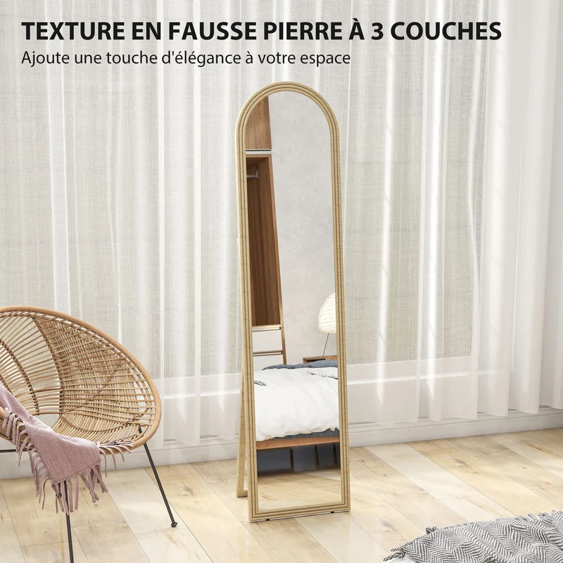 Miroir de sol arqué pleine longueur salon 40 x 160 cm film de sécurité montage mural contemporain en verre trempé beige 21_0003751