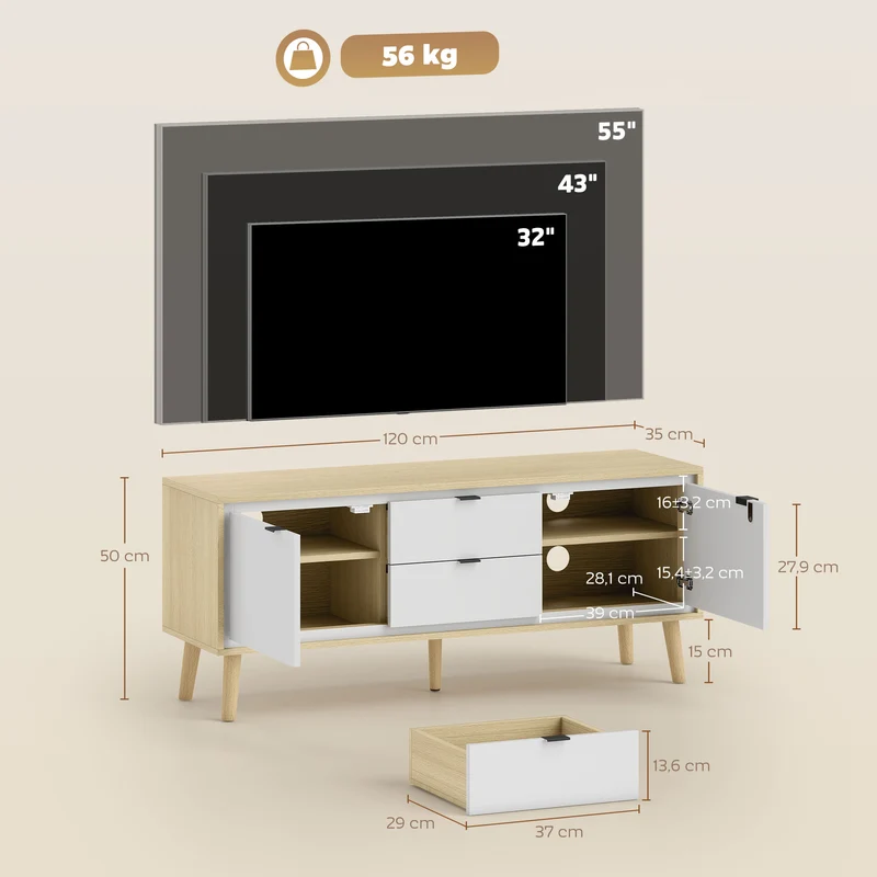 Meuble télé pour écran jusqu'à 55 pouces 120 x 35 x 50 cm rangement tiroirs silencieux moderne gain de place en MDF blanc 21_0003561