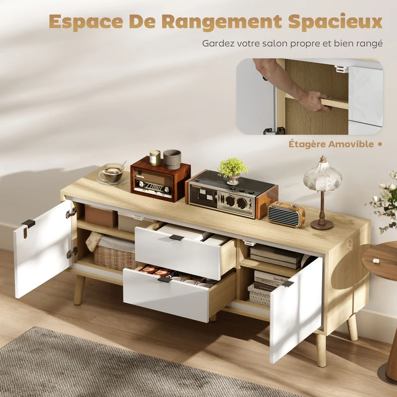 Meuble télé pour écran jusqu'à 55 pouces 120 x 35 x 50 cm rangement tiroirs silencieux moderne gain de place en MDF blanc 21_0003561