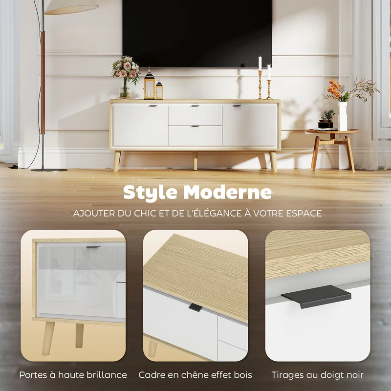 Meuble télé pour écran jusqu'à 55 pouces 120 x 35 x 50 cm rangement tiroirs silencieux moderne gain de place en MDF blanc 21_0003561