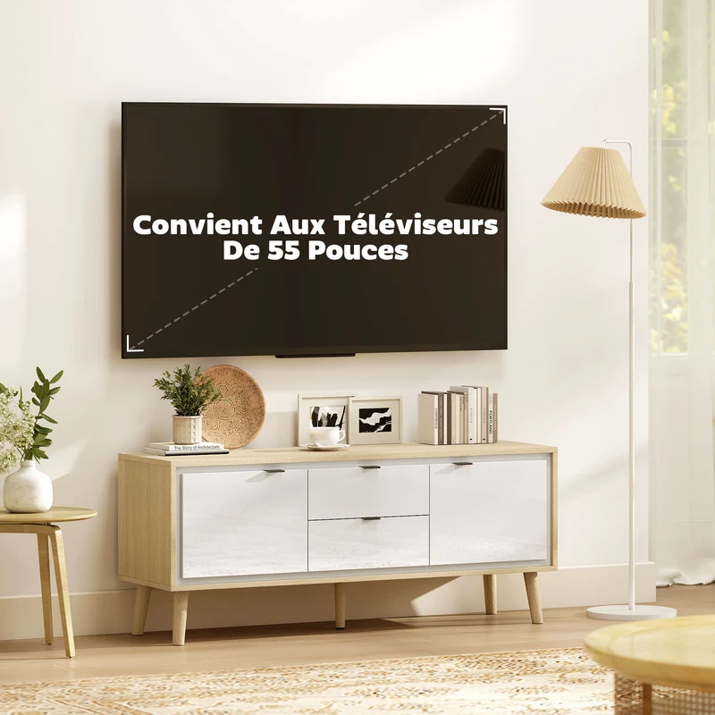 Meuble télé pour écran jusqu'à 55 pouces 120 x 35 x 50 cm rangement tiroirs silencieux moderne gain de place en MDF blanc 21_0003561