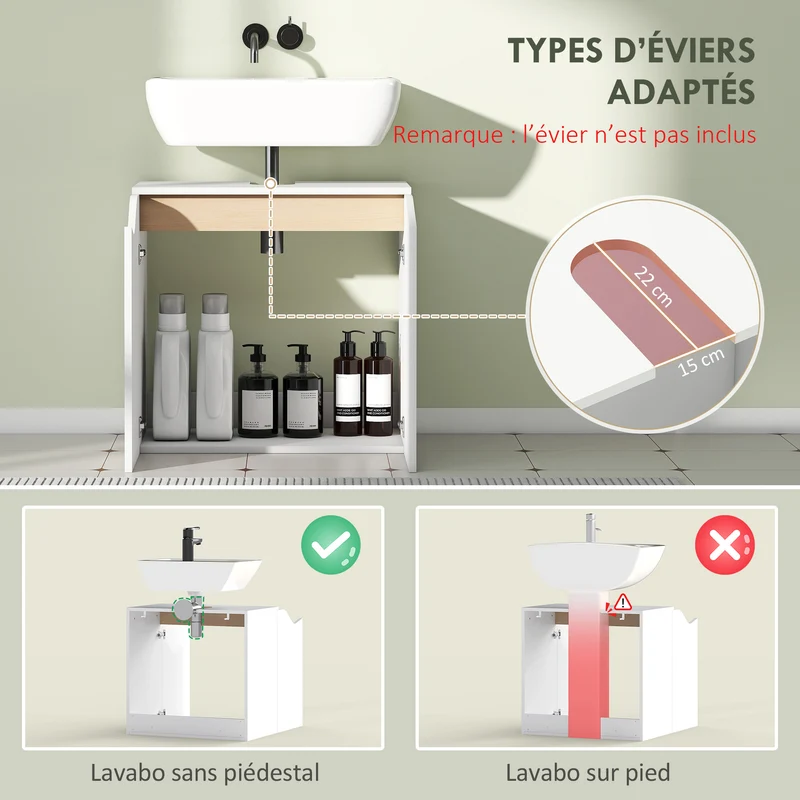 Meuble sous lavabo salle de bain 60 x 35 x 57,9 cm rangement silencieux portes à fermeture douce moderne en MDF blanc 21_0002125