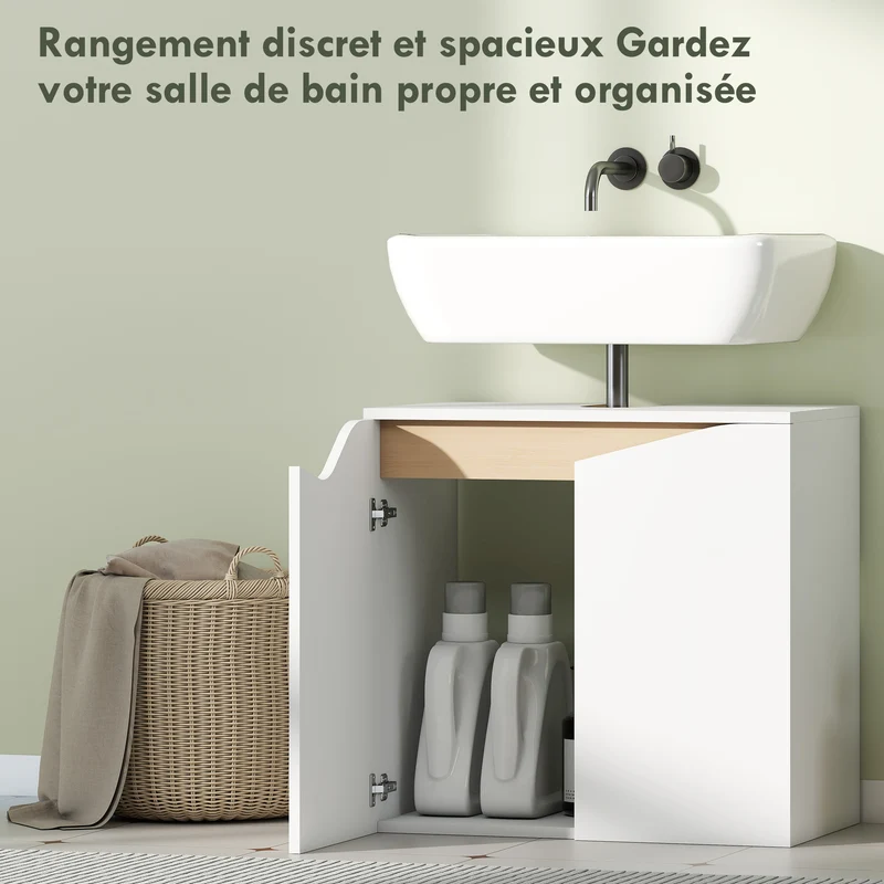 Meuble sous lavabo salle de bain 60 x 35 x 57,9 cm rangement silencieux portes à fermeture douce moderne en MDF blanc 21_0002125