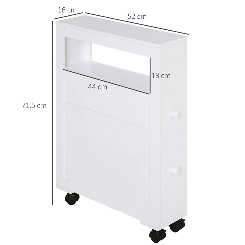 Meuble de rangement salle de bain sur roulettes 16 x 52 x 71.5 cm gain de place 2 tiroirs style épuré cosy en MDF blanc 21_0001853