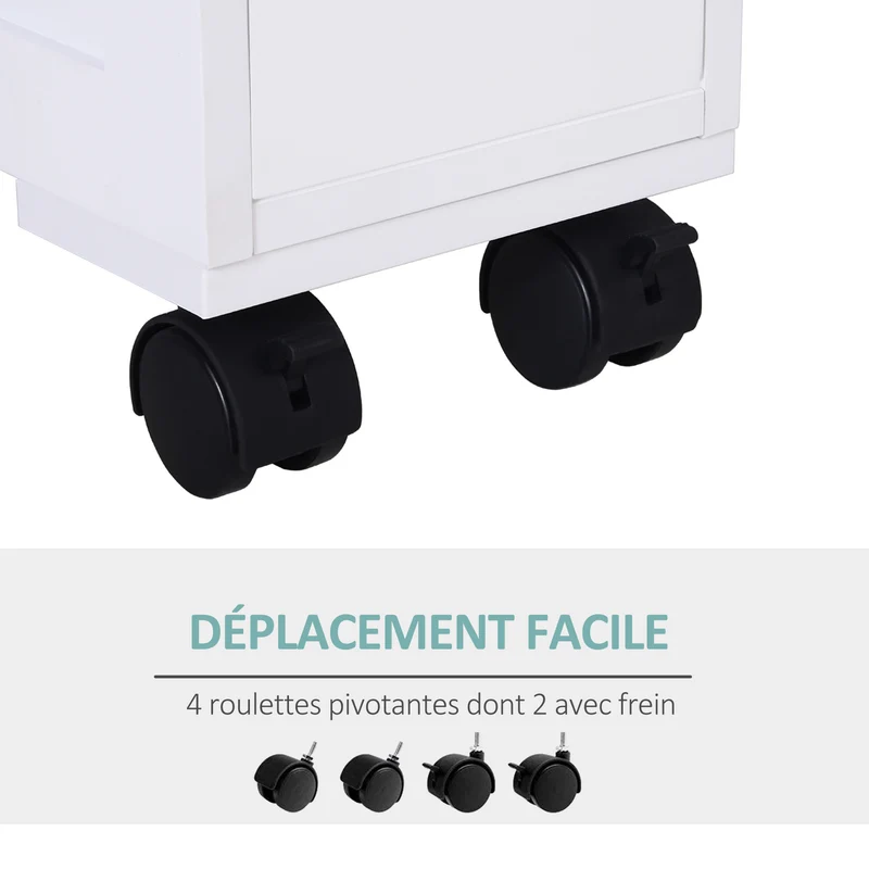Meuble de rangement salle de bain sur roulettes 16 x 52 x 71.5 cm gain de place 2 tiroirs style épuré cosy en MDF blanc 21_0001853