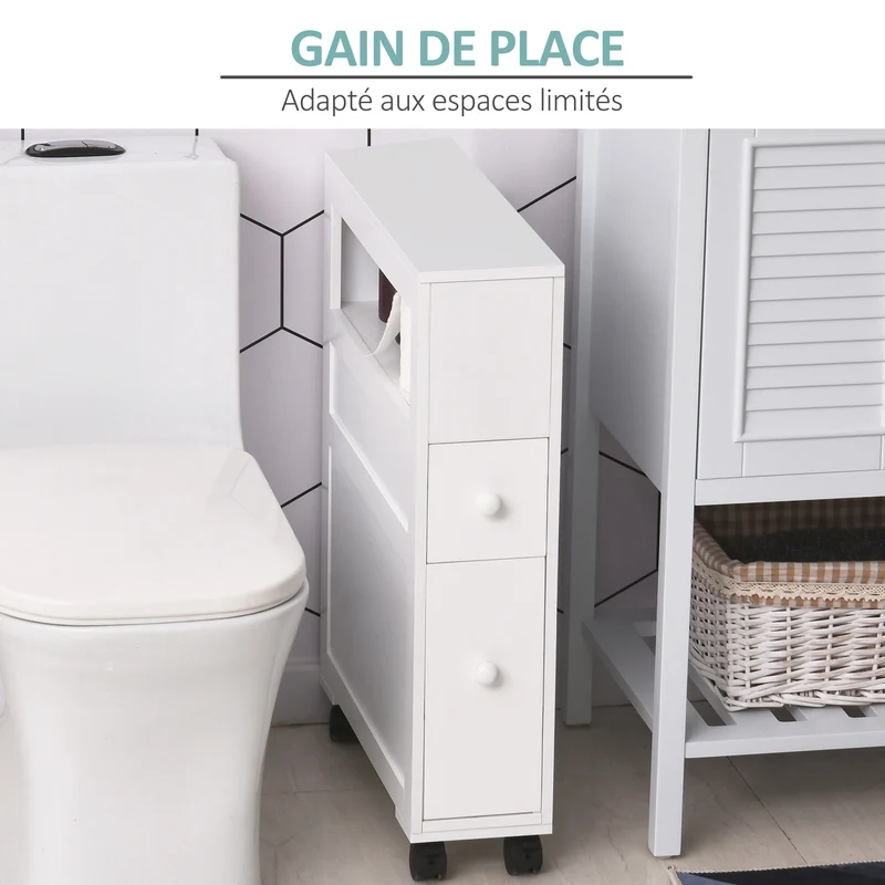 Meuble de rangement salle de bain sur roulettes 16 x 52 x 71.5 cm gain de place 2 tiroirs style épuré cosy en MDF blanc 21_0001853