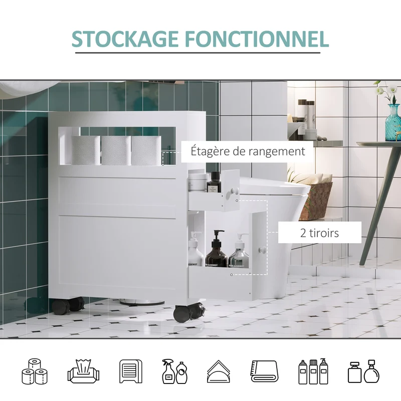 Meuble de rangement salle de bain sur roulettes 16 x 52 x 71.5 cm gain de place 2 tiroirs style épuré cosy en MDF blanc 21_0001853