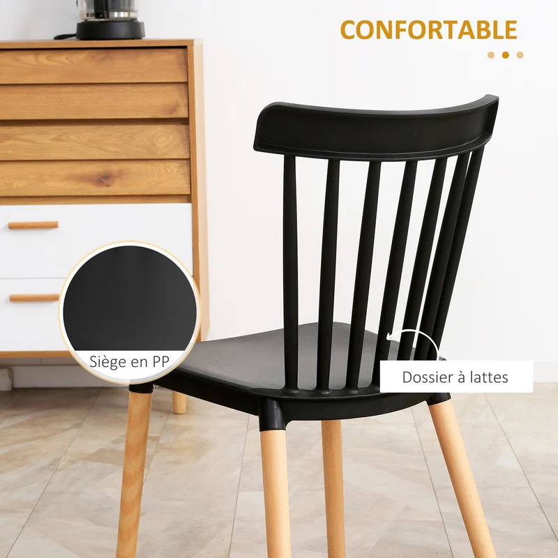 Lot de 4 chaises dossier haut 48 x 52,5 x 83 cm assise facile à nettoyer stable style scandinave minimaliste en PP noir 21_0002310