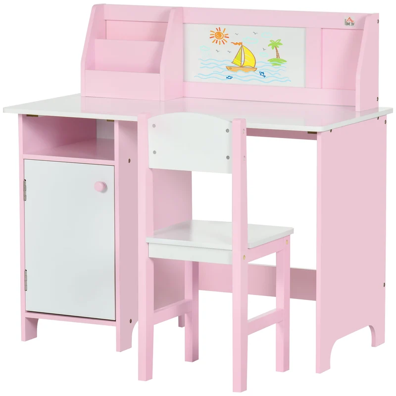 Ensemble table et chaise pour enfant 90 x 45 x 85 cm avec tableau blanc et rangements style scandinave épuré en MDF rose 21_0000200