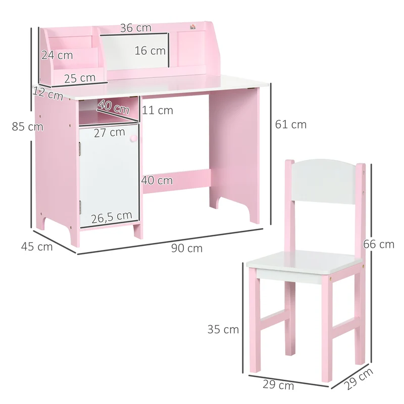 Ensemble table et chaise pour enfant 90 x 45 x 85 cm avec tableau blanc et rangements style scandinave épuré en MDF rose 21_0000200