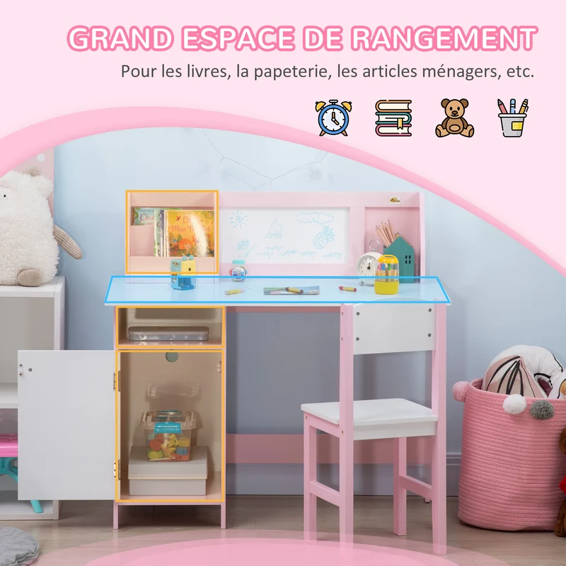 Ensemble table et chaise pour enfant 90 x 45 x 85 cm avec tableau blanc et rangements style scandinave épuré en MDF rose 21_0000200