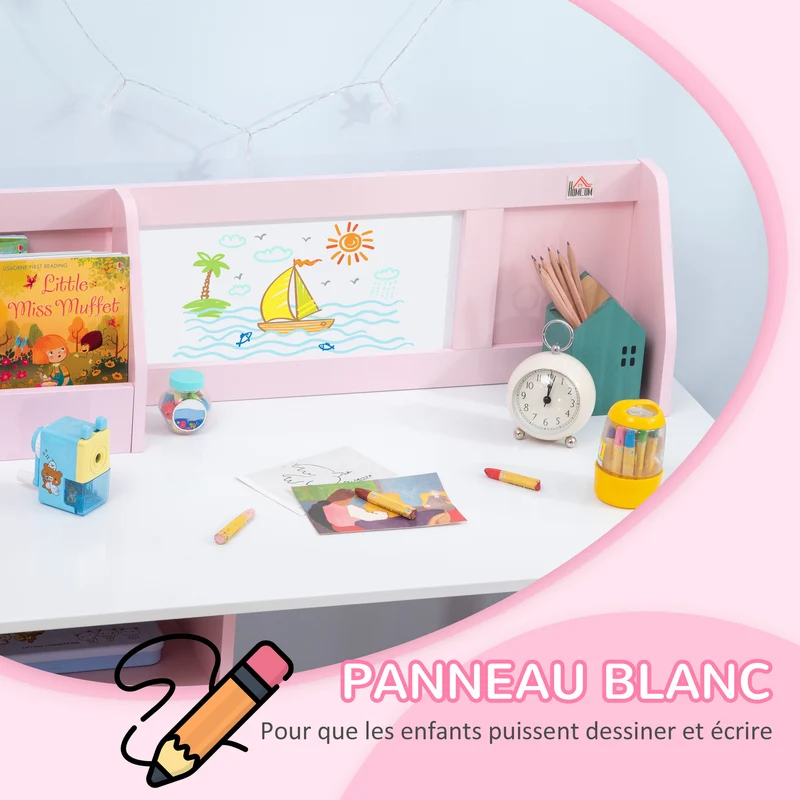 Ensemble table et chaise pour enfant 90 x 45 x 85 cm avec tableau blanc et rangements style scandinave épuré en MDF rose 21_0000200