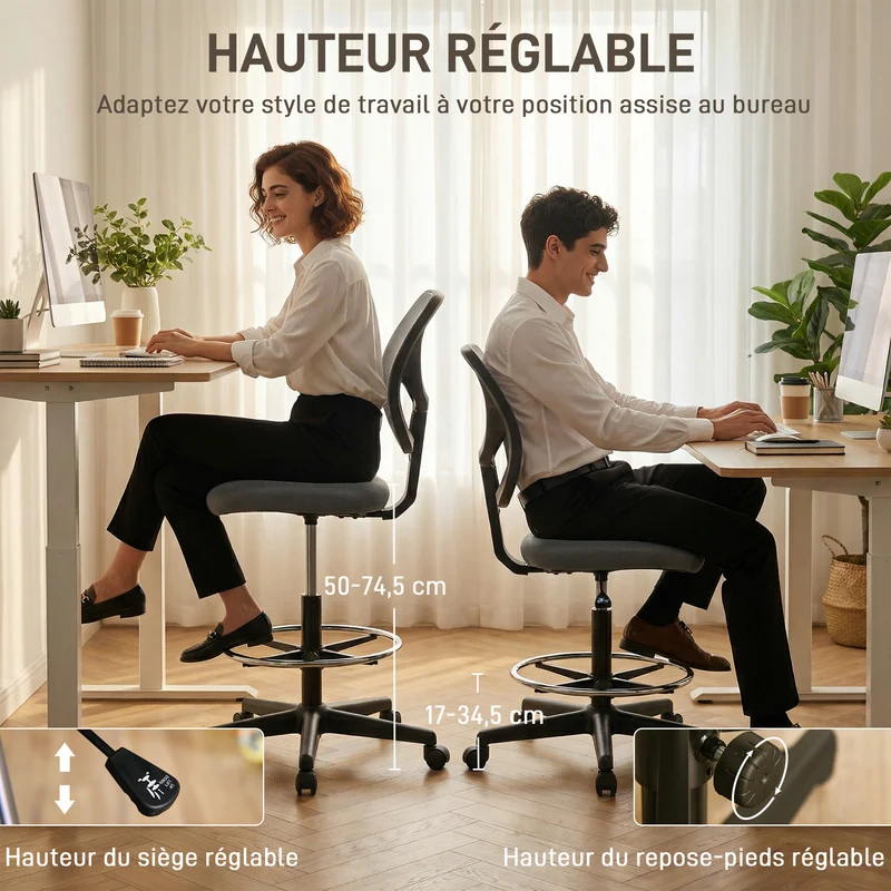 Chaise de bureau ergonomique 59 x 61 x 93-113 cm hauteur réglable assise respirante moderne en polyester gris foncé 21_0006238