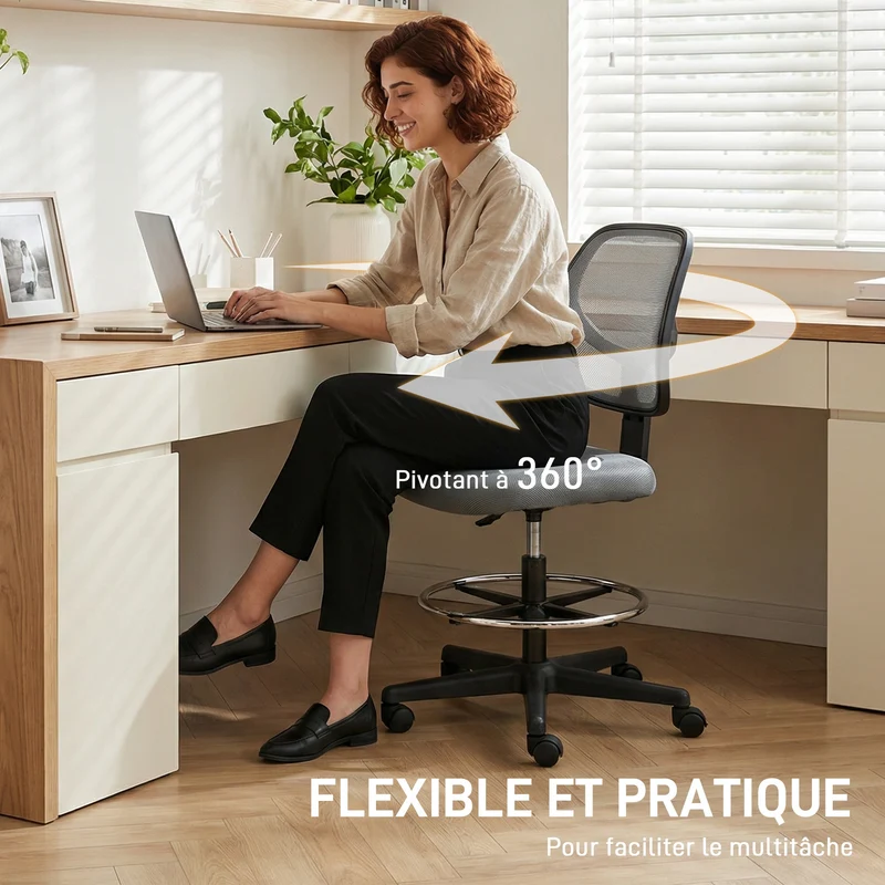Chaise de bureau ergonomique 59 x 61 x 93-113 cm hauteur réglable assise respirante moderne en polyester gris foncé 21_0006238