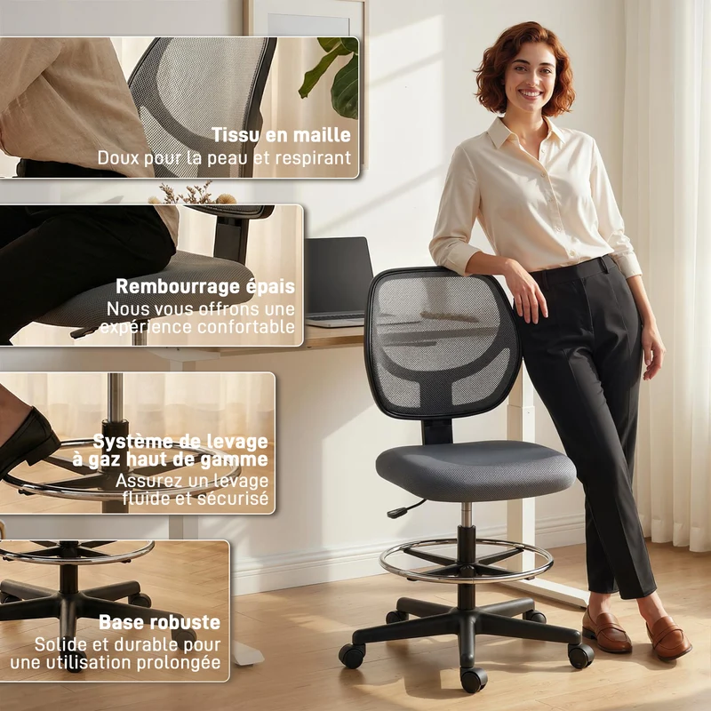 Chaise de bureau ergonomique 59 x 61 x 93-113 cm hauteur réglable assise respirante moderne en polyester gris foncé 21_0006238