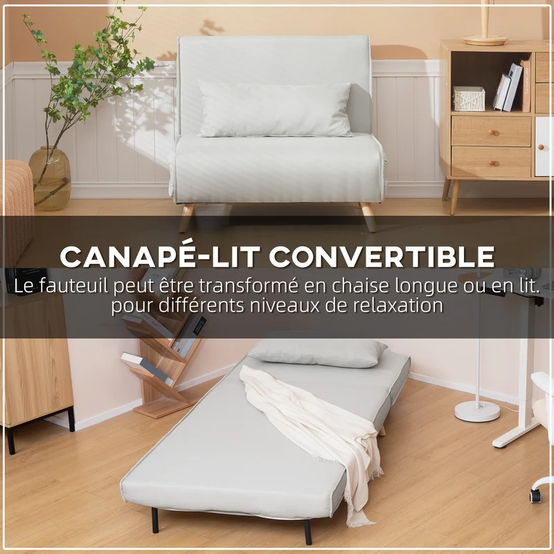 Canapé-lit 1 place 94 x 78 x 80 cm dossier 6 positions assise rembourrée style scandinave moderne en polyester crème 21_0003007