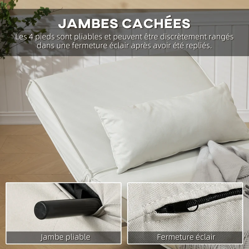 Canapé-lit 1 place 94 x 78 x 80 cm dossier 6 positions assise rembourrée style scandinave moderne en polyester crème 21_0003007