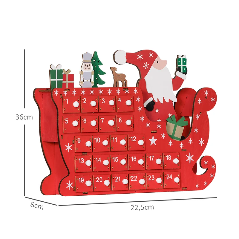 Calendrier de l'avent en forme de traîneau cheminée 22.5 x 8 x 36 cm 24 tiroirs réutilisable décoratif en bois rouge 21_0001373