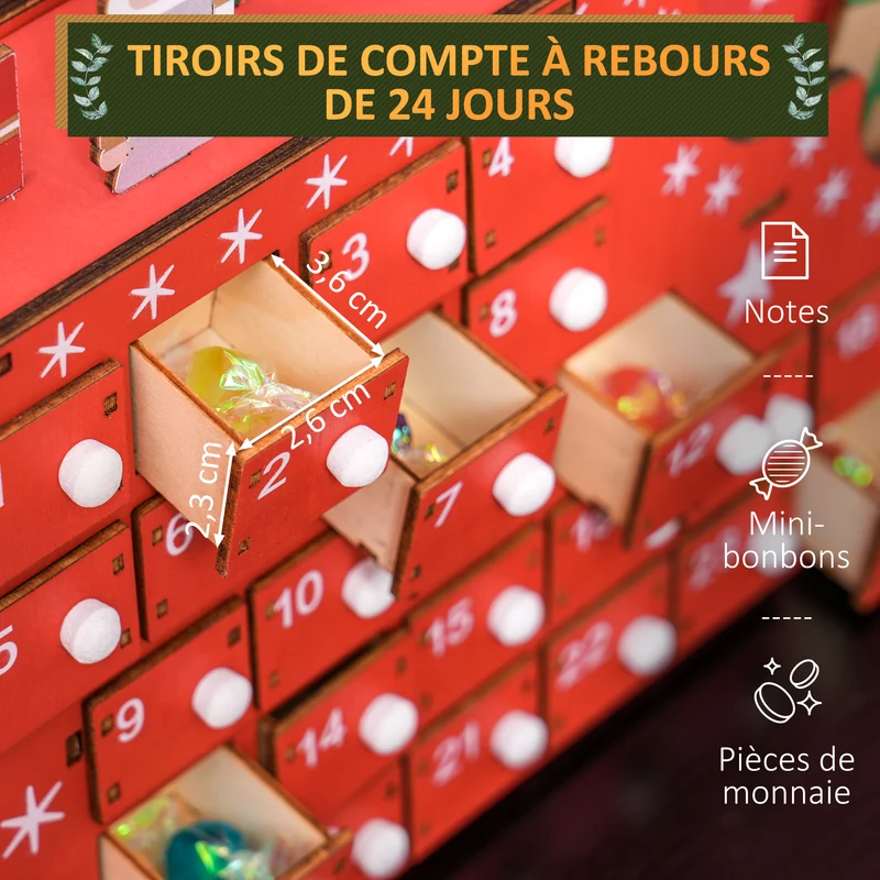 Calendrier de l'avent en forme de traîneau cheminée 22.5 x 8 x 36 cm 24 tiroirs réutilisable décoratif en bois rouge 21_0001373
