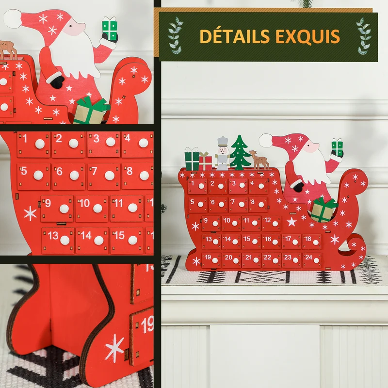 Calendrier de l'avent en forme de traîneau cheminée 22.5 x 8 x 36 cm 24 tiroirs réutilisable décoratif en bois rouge 21_0001373