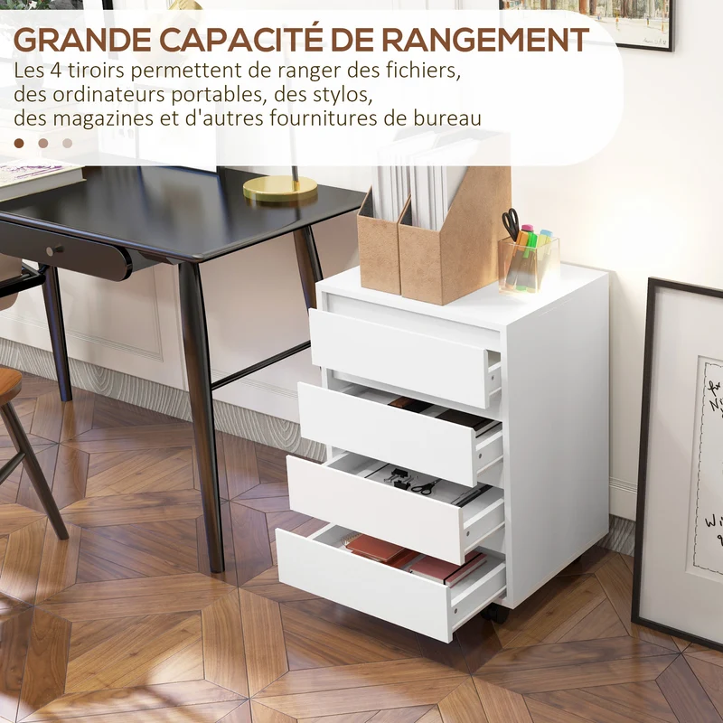 Caisson de bureau à roulettes 4 tiroirs coulissants compacts 46 x 40 x 65 cm mobilité stable moderne épuré en MDF blanc 21_0002466