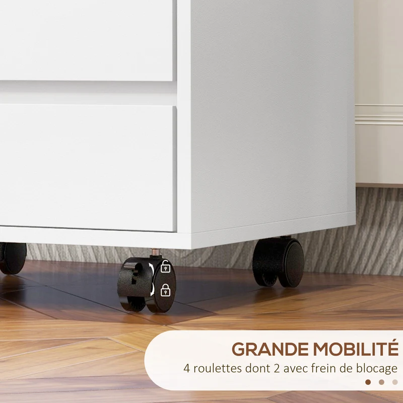 Caisson de bureau à roulettes 4 tiroirs coulissants compacts 46 x 40 x 65 cm mobilité stable moderne épuré en MDF blanc 21_0002466