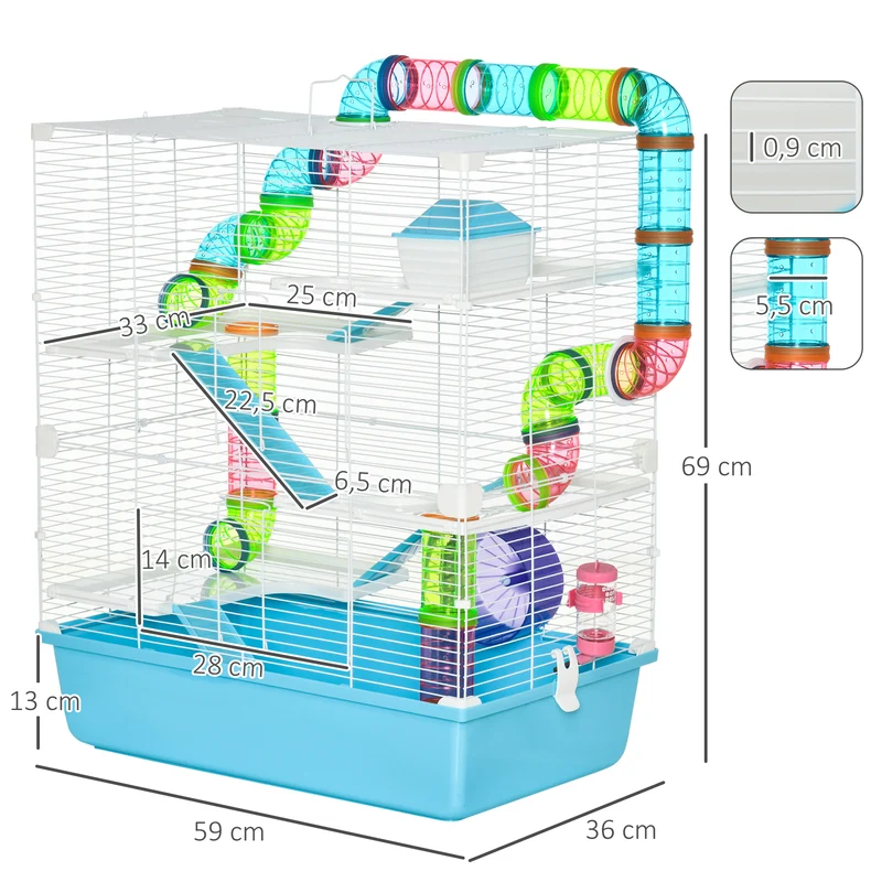 Cage pour hamsters habitat intérieur 59 x 36 x 69 cm 5 niveaux plateaux amovibles scandinave contemporain en acier bleu 21_0007928