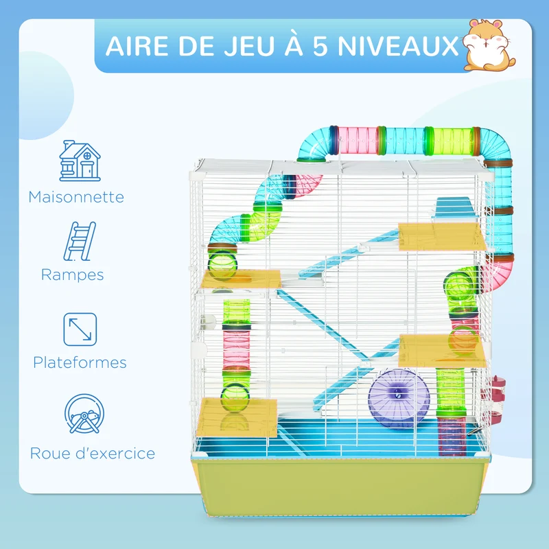Cage pour hamsters habitat intérieur 59 x 36 x 69 cm 5 niveaux plateaux amovibles scandinave contemporain en acier bleu 21_0007928