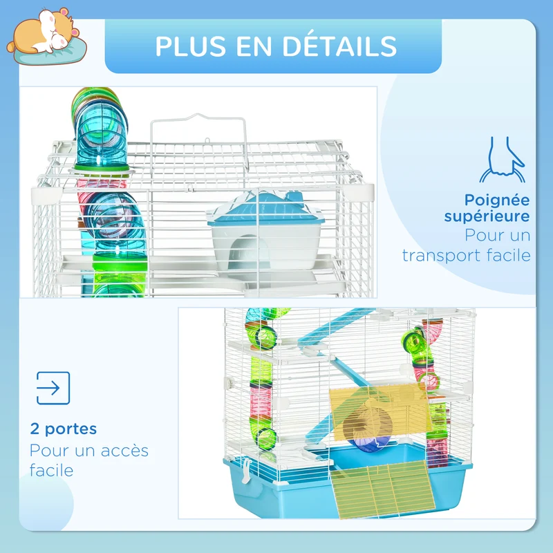 Cage pour hamsters habitat intérieur 59 x 36 x 69 cm 5 niveaux plateaux amovibles scandinave contemporain en acier bleu 21_0007928