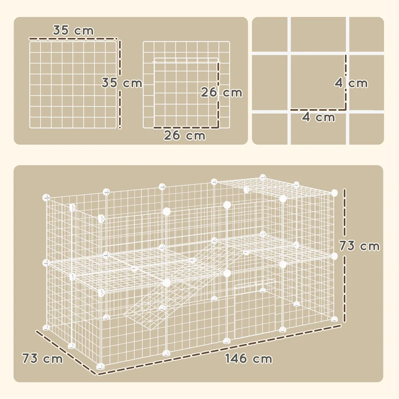 Cage parc modulable pour petits animaux 146 x 73 x 73 cm sécurisée montage facile 2 niveaux moderne épuré en acier blanc 21_0007398