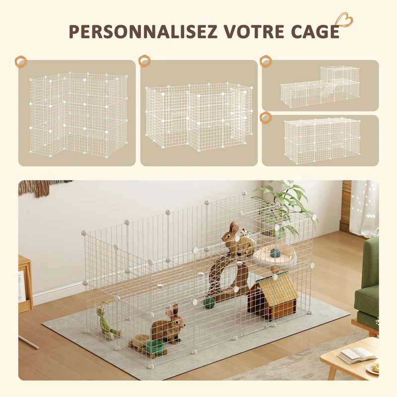 Cage parc modulable pour petits animaux 146 x 73 x 73 cm sécurisée montage facile 2 niveaux moderne épuré en acier blanc 21_0007398