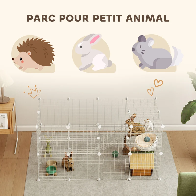 Cage parc modulable pour petits animaux 146 x 73 x 73 cm sécurisée montage facile 2 niveaux moderne épuré en acier blanc 21_0007398
