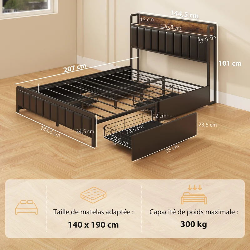 Cadre de lit double rembourré 140 x 190 cm avec 4 tiroirs et étagère gain de rangement style industriel en métal noir 21_0003785