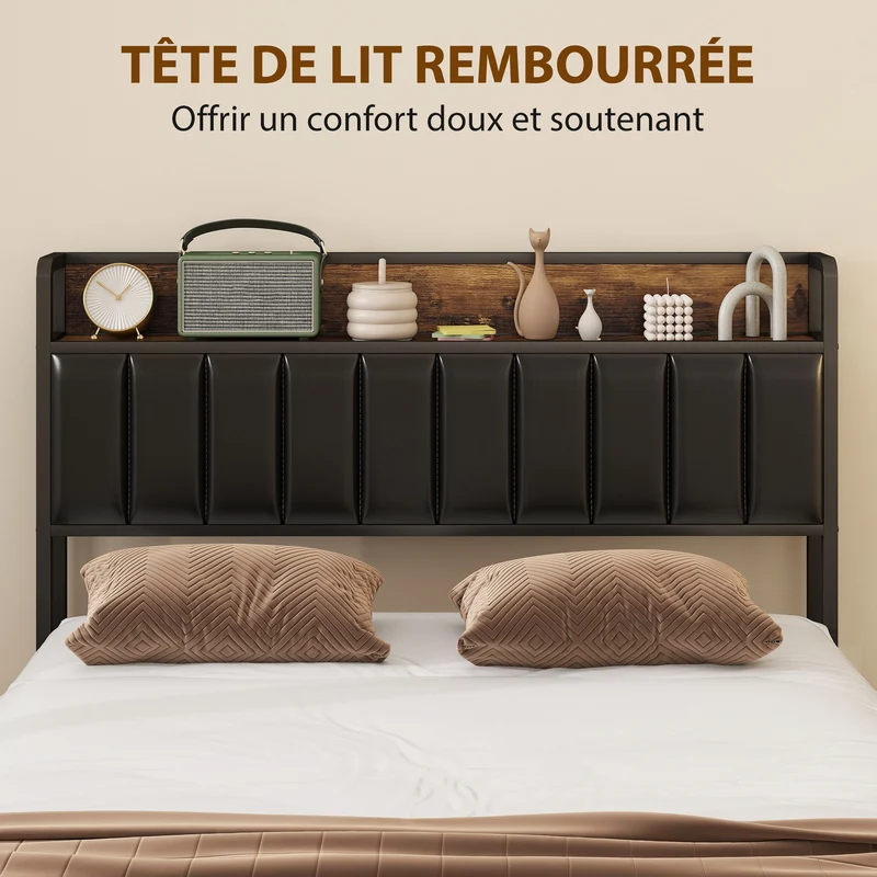 Cadre de lit double rembourré 140 x 190 cm avec 4 tiroirs et étagère gain de rangement style industriel en métal noir 21_0003785