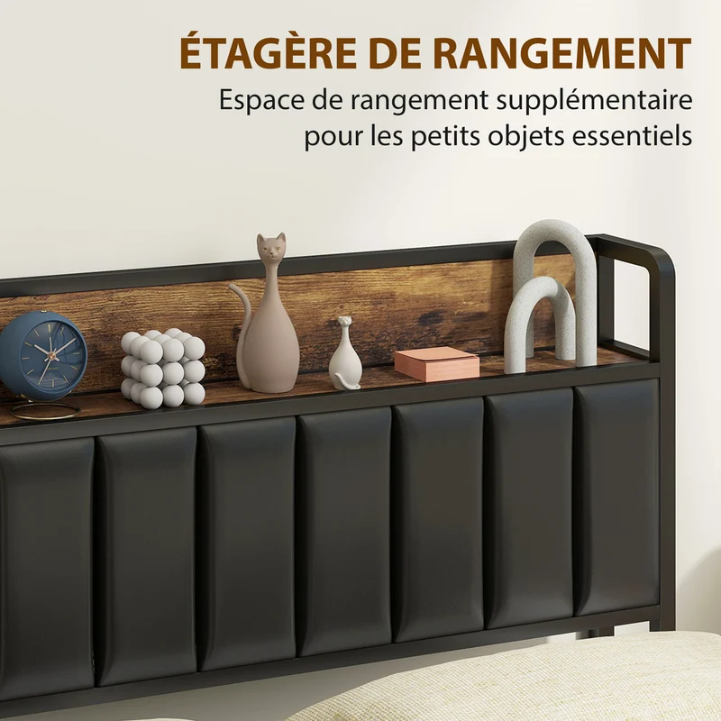 Cadre de lit double rembourré 140 x 190 cm avec 4 tiroirs et étagère gain de rangement style industriel en métal noir 21_0003785
