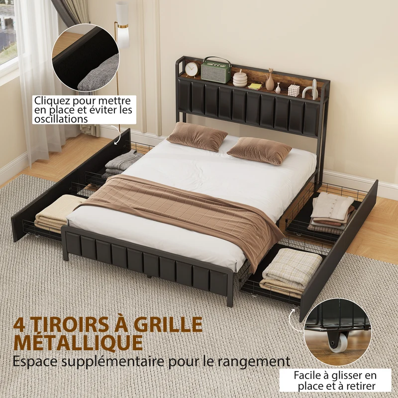 Cadre de lit double rembourré 140 x 190 cm avec 4 tiroirs et étagère gain de rangement style industriel en métal noir 21_0003785