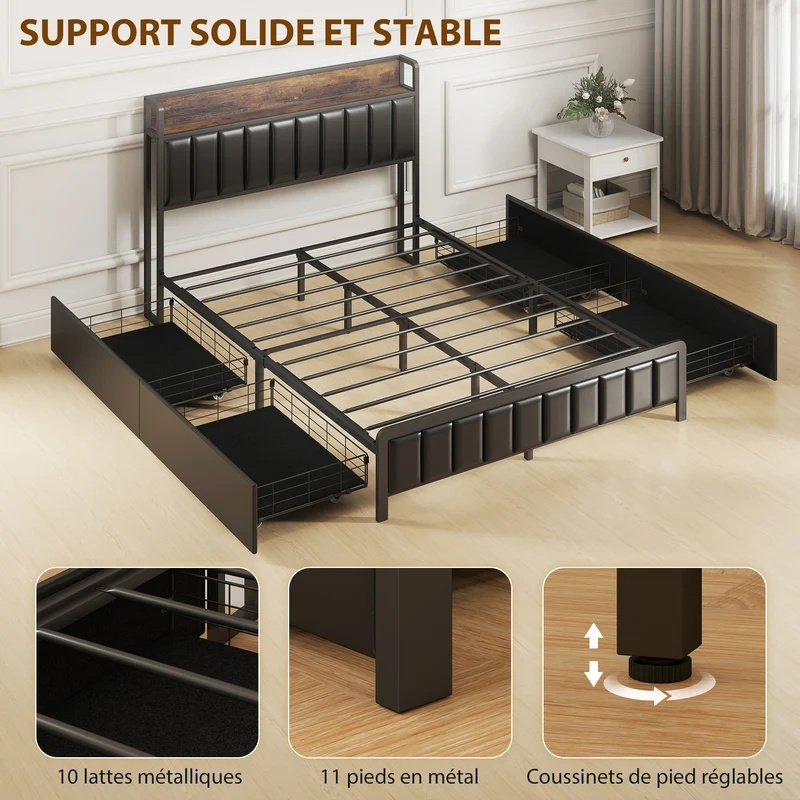 Cadre de lit double rembourré 140 x 190 cm avec 4 tiroirs et étagère gain de rangement style industriel en métal noir 21_0003785