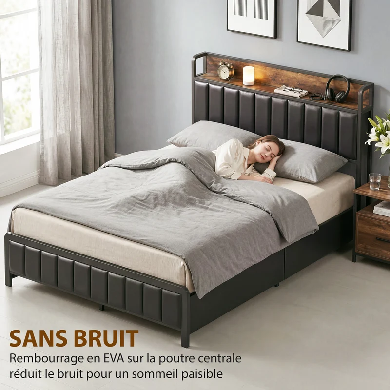 Cadre de lit double rembourré 140 x 190 cm avec 4 tiroirs et étagère gain de rangement style industriel en métal noir 21_0003785