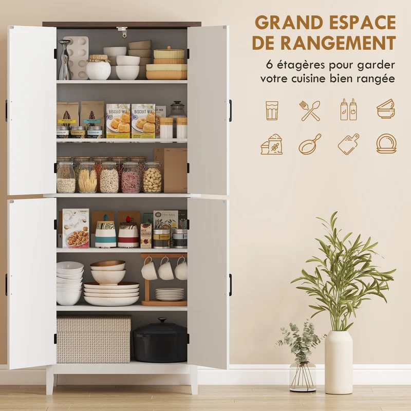 Buffet haut vaisselier 76 x 40 x 178.5 cm étagères réglables rangement optimisé style rustique contemporain en MDF blanc 21_0003387