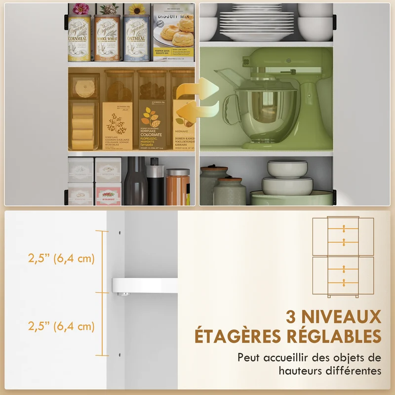 Buffet haut vaisselier 76 x 40 x 178.5 cm étagères réglables rangement optimisé style rustique contemporain en MDF blanc 21_0003387