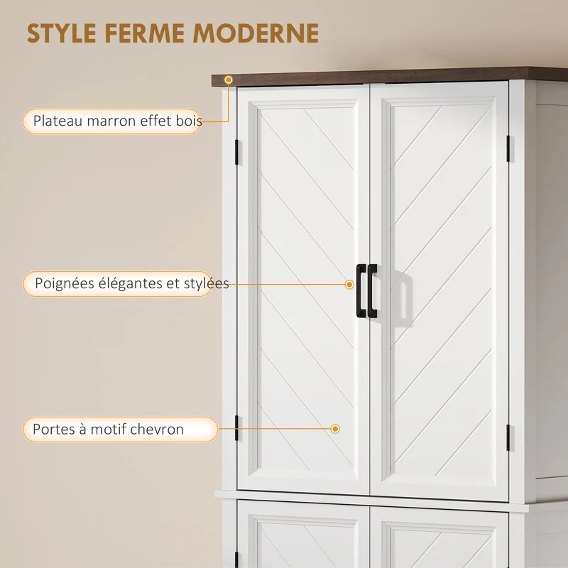 Buffet haut vaisselier 76 x 40 x 178.5 cm étagères réglables rangement optimisé style rustique contemporain en MDF blanc 21_0003387