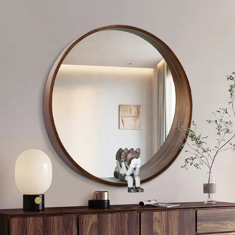Contemporary Scandinavian Round Solid Pine Wood Float Glass Wall Mirror For Bedroom