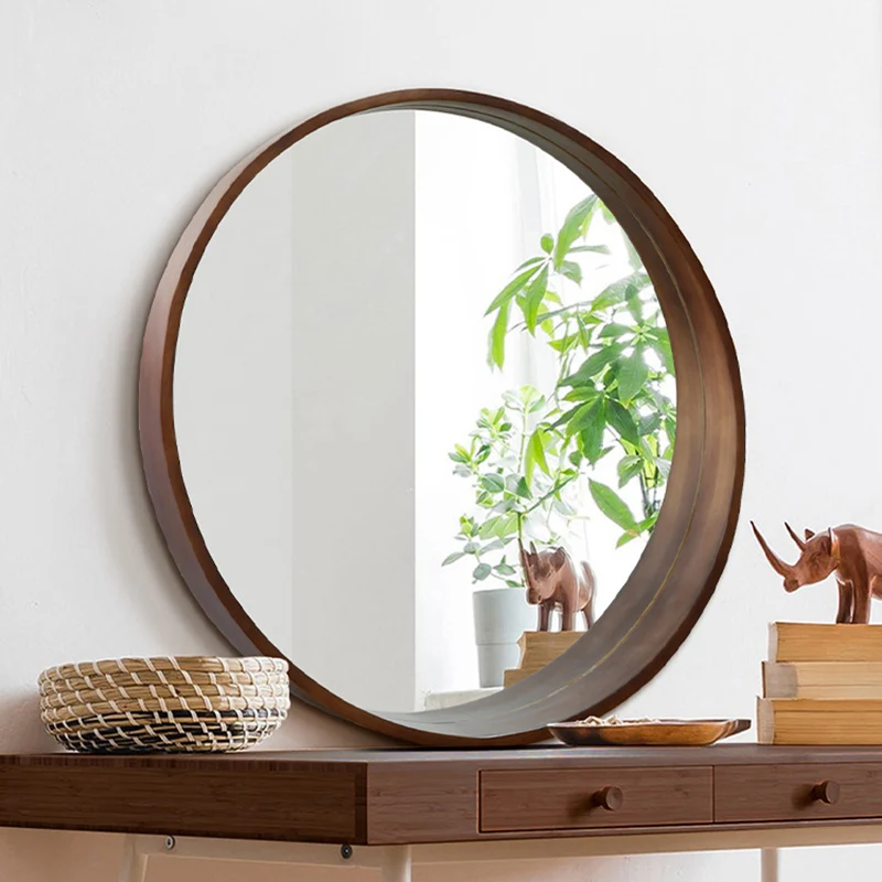 Contemporary Scandinavian Round Solid Pine Wood Float Glass Wall Mirror For Bedroom