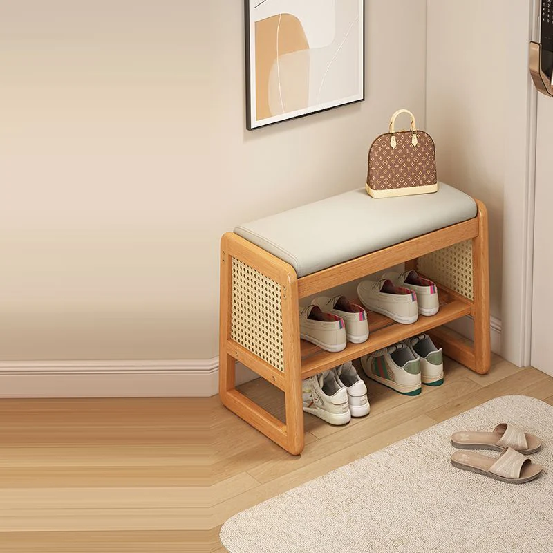 Modern Minimalist Rectangular PU Leather Solid Wood Plastic Rattan Weaving Shoe Bench 2-Tier For Entryways