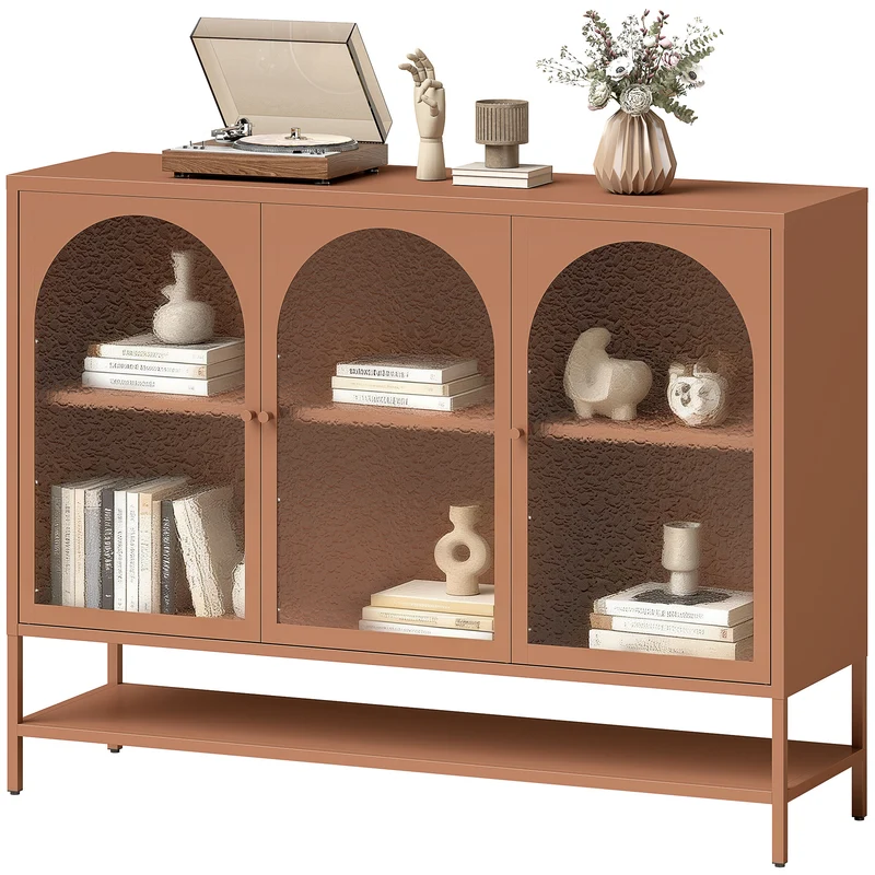 Buffet salon portes vitrées cintrées étagère ouverte 140 x 40 x 105 cm anti-poussière stabilité moderne en acier rouille 21_0002980