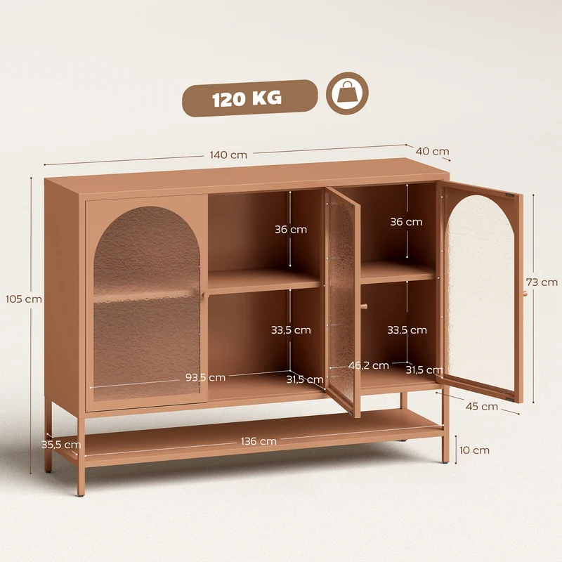 Buffet salon portes vitrées cintrées étagère ouverte 140 x 40 x 105 cm anti-poussière stabilité moderne en acier rouille 21_0002980
