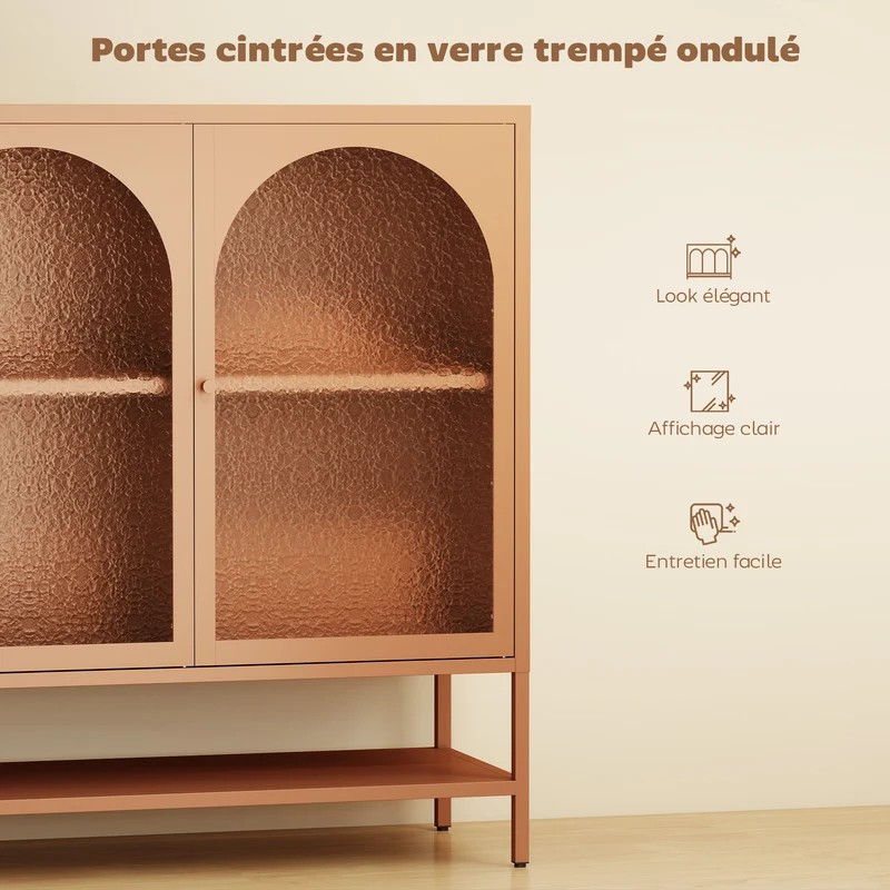 Buffet salon portes vitrées cintrées étagère ouverte 140 x 40 x 105 cm anti-poussière stabilité moderne en acier rouille 21_0002980